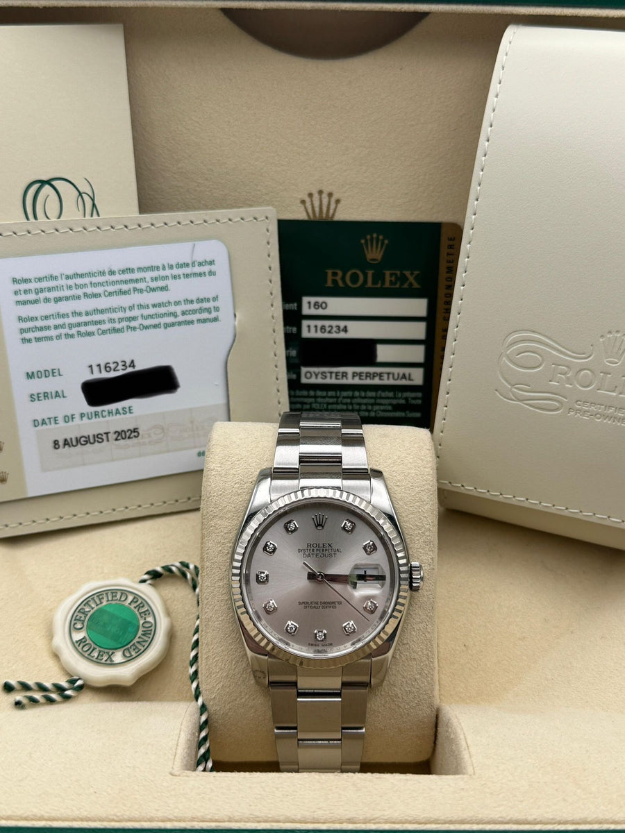 Rolex Datejust 116234 Certified Pre Owned Dated 08/2025 and Original Warranty Card Dated 2012