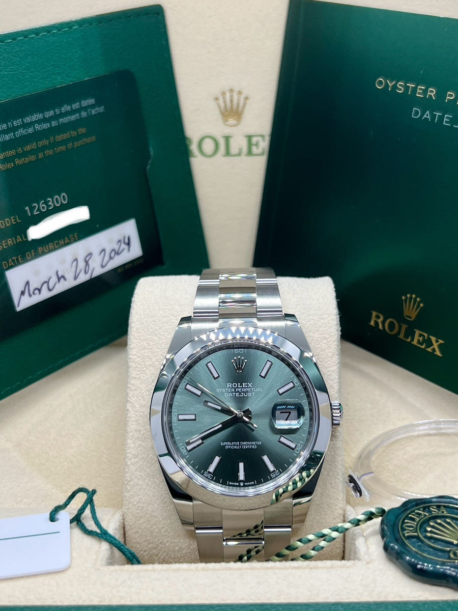 New/Unworn Rolex Datejust Mint Green 126300 Complete Set